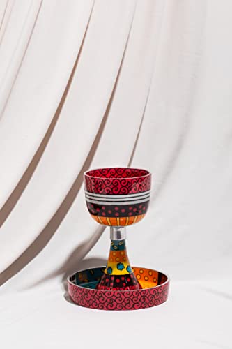 Suri Hand Painted Patterned Kiddush Cup Set, Modern Shabbat Wine Kiddish Glass Goblet With Plate, Jewish Kitchen Wares And Gifts #TOP3