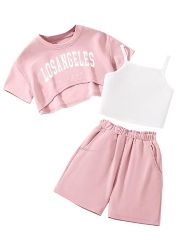 Hilinker Girls 3 Piece Summer Outfits Graphic Crop Tee and Cami Top with Shorts Set, Pink Losangeles, 9-10 Years
