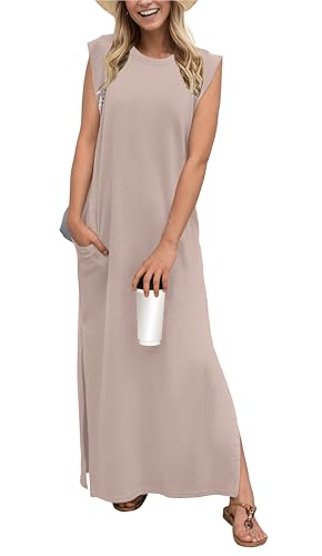 Image of GRECERELLE 2026 Women Year-Round Casual Round Neck Loose Split Wrinkle-Free Long Maxi Vacation Dress with Pockets (XXS-4XL)