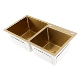 Lavello da cucina con 2 vasche in acciaio inox, 75 x 40 x 22 cm, senza rubinetto, per cucina, ristoranti, negozi di dessert, caffè (oro)