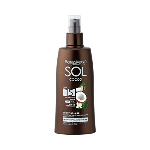 Bottega Verde - Spray Solare SOL Cocco SPF 15, 200 ml, con Latte di Cocco, Estratto di Carota e Papaya, Protezione Media, Intensifica e Prolunga l’Abbronzatura, Texture Ultra Fluida, Water Resistant