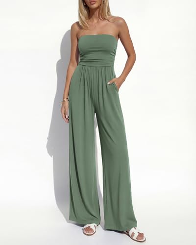 BTFBM Jumpsuits For Women Summer 2026 Beach Vacation Strapless Tube Top Jumpsuit Ruched Casual Wide Leg Pant Rompers(Sage Green, Medium) — view 2