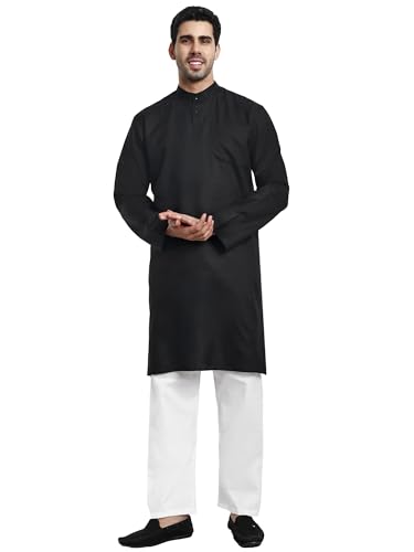 Men's Cotton Blend Casual Kurta Pajama Set (Black, X-Large)