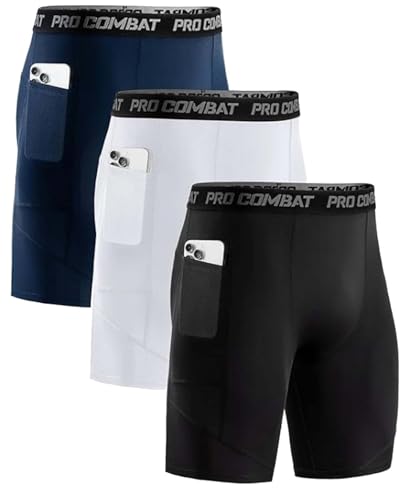 Niksa 3 Packs Compression Shorts Men Gym Running Sports Anti Chafing Underwear Base Layer Shorts Sports Undershorts Quick-Drying Fabric Men’s Workout Shorts, Black White White, XXL