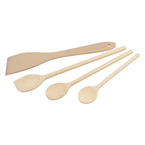 Fackelmann 31125 Set de 4 ustensiles de cuisine en bois, Lot de spatules et cuillères de cuisine en bois, Bois certifié FSC, 20cm, 25cm, 30cm