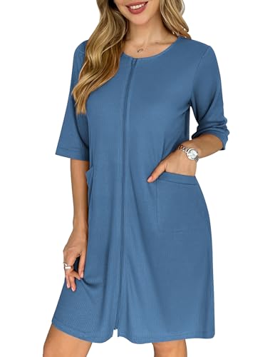 Image of Ekouaer Zip Up Robes for Women Short Waffle Bathrobe Lightweight house coat 3 /4 Sleeve Soft Nightgown with Pockets S-3XL