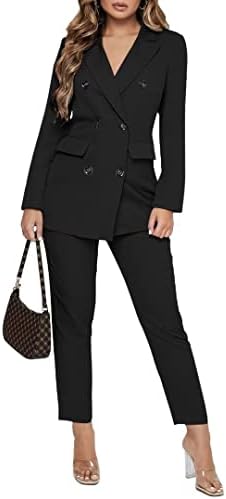 Women Double Breasted Blazer Set Formal 2 Piece Pants Outfits Long Sleeve Bussines Suit Set for Work Office Black 2XL
