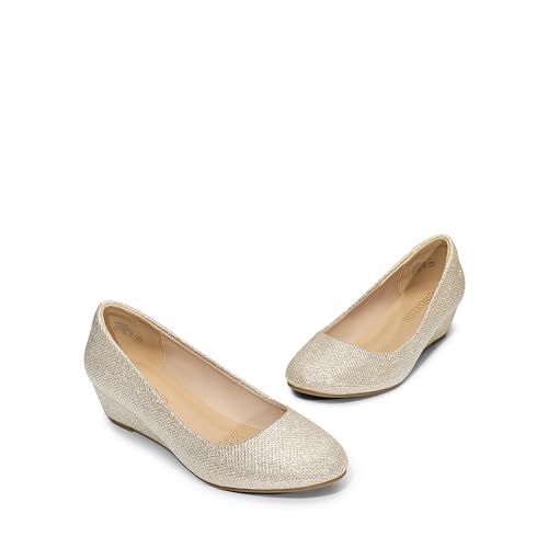 DREAM PAIRS Women's Debbie Mid Wedge Heel Pump Shoes,Size 5,Gold/Glitter,Debbie