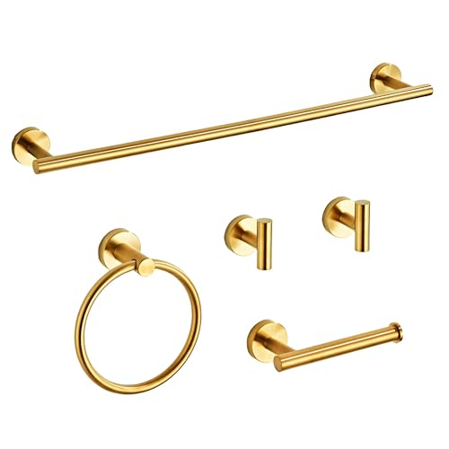 Brushed Gold Bathroom Hardware Set 5 Piece with Towel Racks for Bathroom SUS304 Stainless Steel Bath Towel Bar Set 24 Inch Wall Mounted Accessories Kit