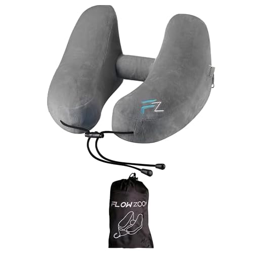 Uppblåsbar nackkudde från FLOWZOOM® | Uppblåsbar nackkudde nackhörna resekudde flygplan långdistansflygning, 1) Grå – plyschöverdrag, Large, Resekudde