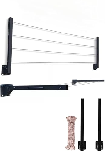 Metal Cloth Drying Stand Foldable for Wall Mounted/Cloth Drying Rack/Clothes Hanger for Home for Balcony with Rope and Fasteners Set (Made in India) (Black, 15 Inch)