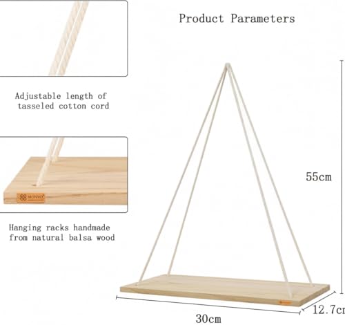 Image of Set of 2 Hanging Rope Shelf with Adhesive Wall Hook for Wall Decor - Rustic Wood Floating Shelves for Bedroom, Living Room, Kitchen - Boho Swing Plant Holder with Natural Jute Rope