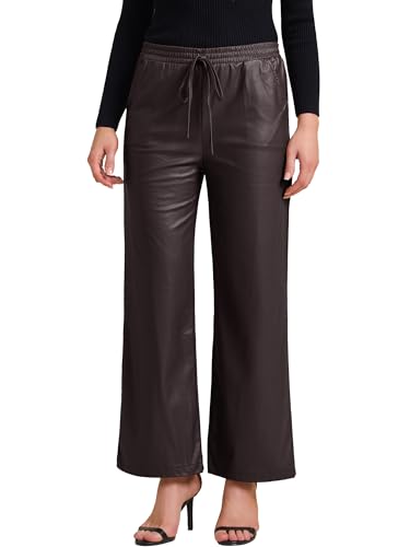 Allegra K Women's Faux Leather Pants High Waist Straight Leg PU Trousers Pant with Pockets