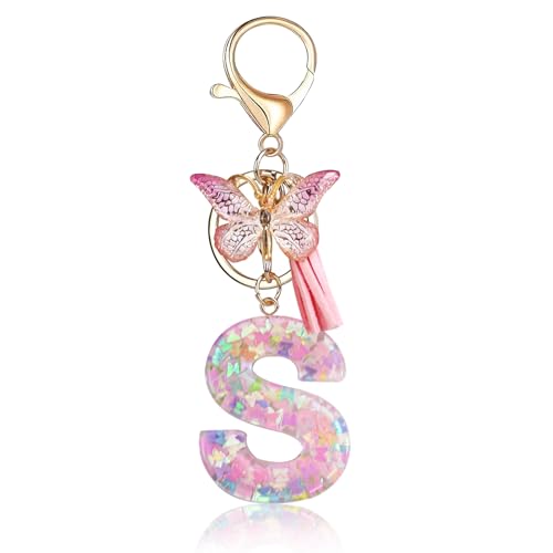 Fmeida Initial Letter Keychains for Women – Pink Key Ring with Tassel & Butterfly Charm, S