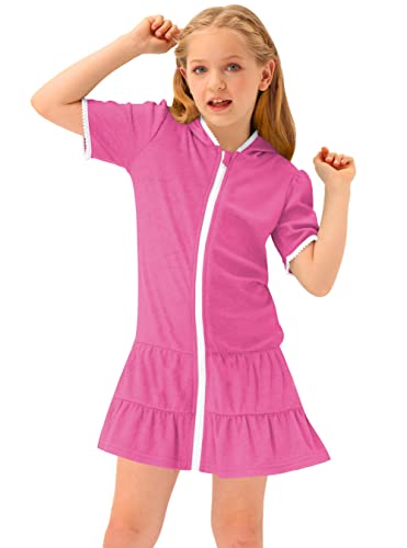 Besserbay Little Girls Beach Full Zip Rose Red Bathrobe Short Sleeve Terry Ruffle Hem Swim Cover Up 9-10 Years #TOP3