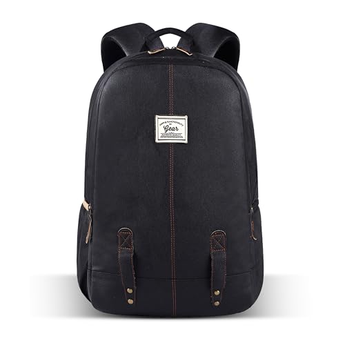 Image of Gear Classic 19 inch /23L Medium Faux Leather (without Anti theft) Water Resistant Laptop Backpack /Casual Backpack /Daypack /Travel Backpack /College Bag For Men /Women (Black-Black)