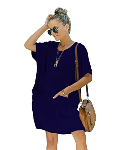 Image of Women's Casual Summer T Shirt Dress Elastic Loose Short Sleeve Dress with Pocket for Women