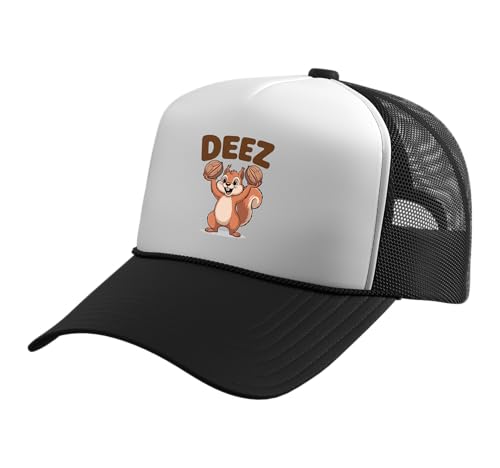 Squirrel Holding Nuts Deez Nuts Humor Funny Meme Trucker Hat with Adjustable Mesh Back, Black/White