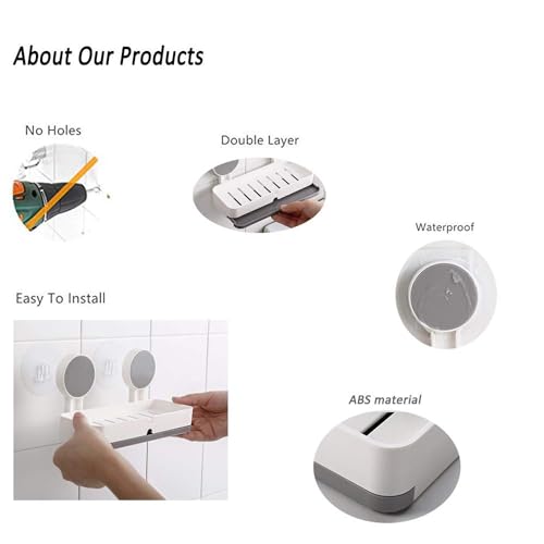 Image of Plastic Wall Mounted Double Layers Soap Dish Saver with Drain Tray, Adhesive Sponge Holder No-Drilling Soap Holder for Shower Bathroom Kitchen - Multicolour (Grey & White)