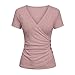 Women's Summer Eyelet Top Deep V Neck Slim Fitted T-Shirt Front Wrap Ruched Short Sleeve Tees Fashion Cut Out Blouses Pink
