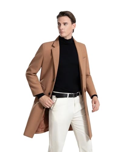 INVACHI Men's Wool Blend Long Trench Coat Notched Collar Full Lined Thermal Plain Single Breasted Overcoat3