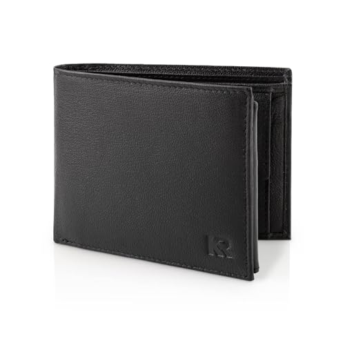 KRONIFY Leather Wallet Men | RFID Blocking | Bifold Trifold | Genuine Leather | 13 Card Slots | Coin Pocket | Reinforced Seam | Gift Box | Nappa Black