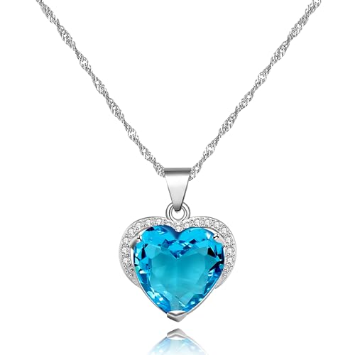 Uloveido Platinum Plated Blue Crystal Heart Pendant Necklace Wedding Valentines Friendship Jewelry for Women Teen Girls DZ006 (Blue)
