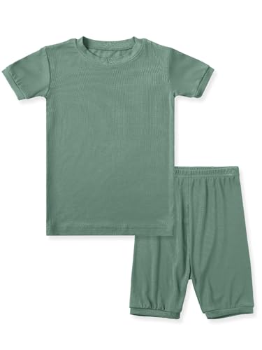 HAPIU Summer Rayon from Bamboo Toddler Pajamas Short Sleeve 2 pcs Set, Pjs Girls Boys Baby Kids,Dark Forest Green,2T