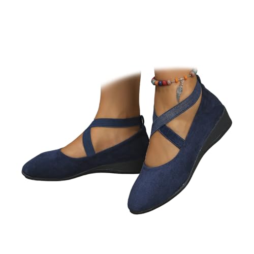 Chaussures compensées à bout pointu pour femme, avec sangle élastique croisée et bout rond confortable à enfiler, bleu, 40 EU