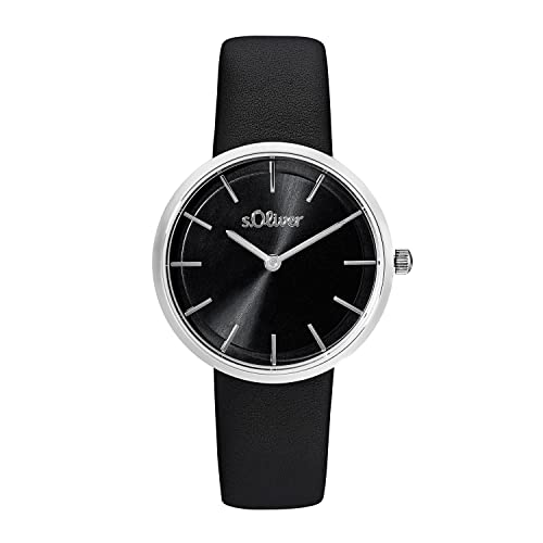 s.Oliver Armbanduhr Damen Quarzuhr Analog, mit Leder Armband, Schwarz, 5 bar Wasserdicht, Kommt in Uhren Geschenk Box, 2033557 – Ansicht 1