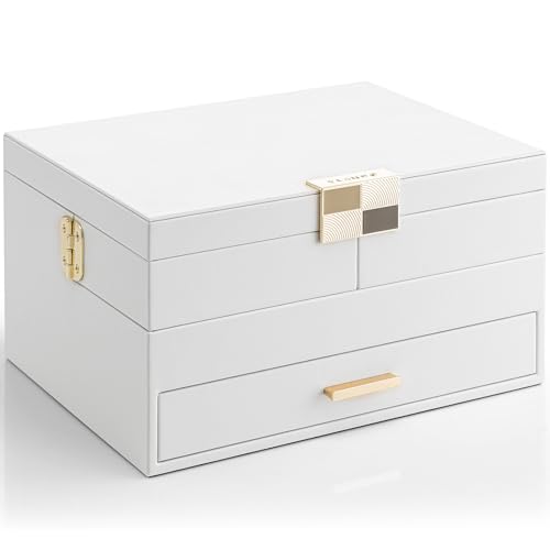 Vlandoジュエリーボックス 大容量 三層式 引き出しトレー付き 回転可能 ネックレス リング イアリング ブレスレット用 ジュエリーオーガナイザー アクセサリー収納 プレゼント 誕生日 女性用(ホワイト)