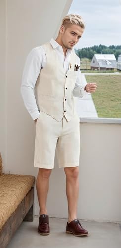 Linen Suit 2 Piece Men's Vest and Shorts Set for Casual Summer Beach Wedding Groomsmen Prom2