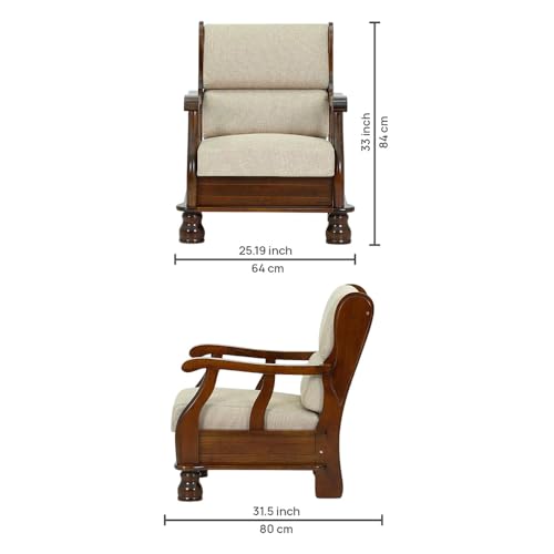 Image of Royaloak Melaka Wooden Single Seater Sofa with Beige Colour Cushion | Solid Wood | Fabric Cushion Cover | Moulded Foam Cushions | Curved Arm Design | Durable & Long Lasting | Malaysian Collection