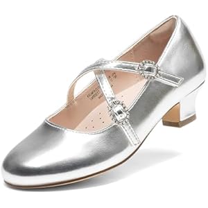 Dream Pairs Girls Dress Shoes Mary Jane High Heel Round Toe Straps Pumps Flower Wedding Party Princess Flats for Little/Big Kids 12 Little Kid Silver