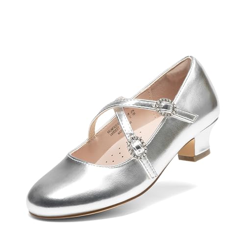 Dream Pairs Girls Dress Shoes Mary Jane High Heel Round Toe Straps Pumps Flower Wedding Party Princess Flats for Little/Big Kids 13 Little Kid Silver