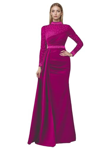 JXKNFD Fashion Mermaid Trumpet Quinceanera Dress Illusion Floor Length Long Sleeves Beading Celebrity Dress 2025 Fuchsia