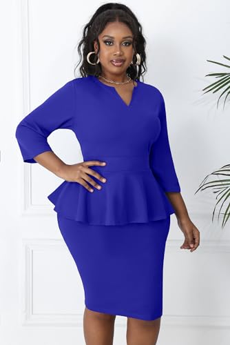 Image of Runwind Plus Size Dresses for Curvy Women, Work Church Professional Office Vintage Peplum Pencil Dress V Neck 3 /4 Sleeve