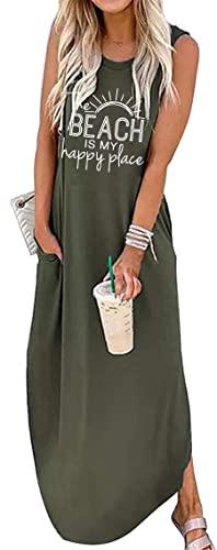 Image of Women's Casual Beach Summer Dresses Sleeveless Graphic Long Sundress Cover Up Dresses with Pocket