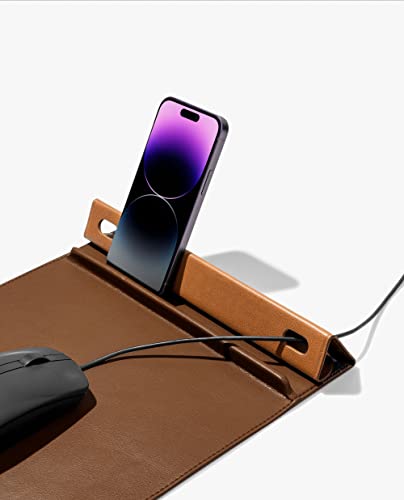 Image of DailyObjects Trigono Mouse Pad | Extended for Laptop, for PC, and Wireless Mouse | Precise Cable Cut-Outs | Water Resistant | Phone Holder | Vegan Leather Finish for Home, Office, Gaming -Brown