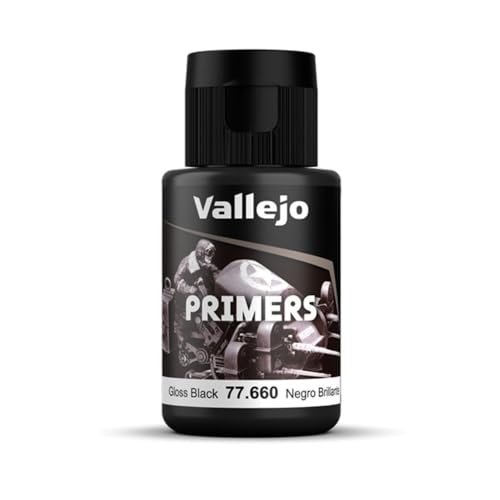 Vallejo - Surface Primer Color | Gloss Black Acrylic Primer 32 ml (1.08 fl.oz.) | Glossy Finish and Fast Drying | Perfect for Airbrushing and Great Adhesion to Figures and Scale Models