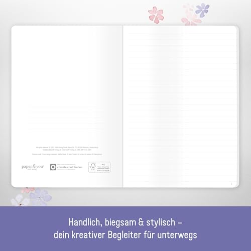 paper&you® Notizheft A5 liniert 64 Seiten, 90g/m² Premium-Papier, Notizbuch mit Softcover „Cute Blossoms“ für Schule, Büro & unterwegs – nachhaltig & klimafreundlich