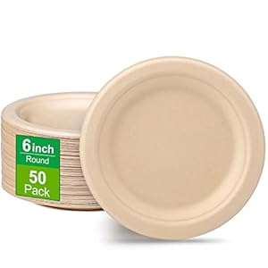 Paper Plates 6 inch, 50 Pack Small Paper Plates, Eco Friendly Disposable Plates Made of Sugarcane Fibers, 100% Compostable Paper Plates, Dessert Paper Plates, Brown