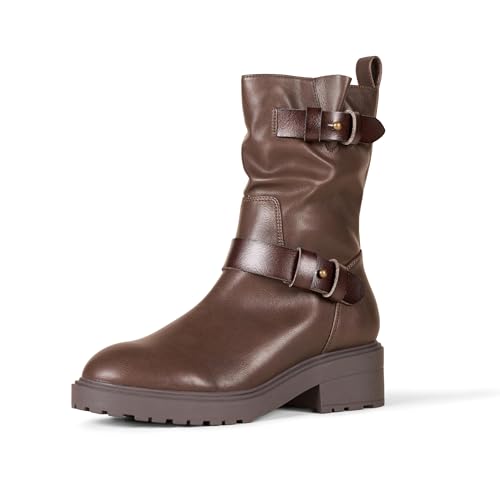 Amazon Essentials Women's Mid Calf Cropped Biker Boots, Dark Brown, 5.5