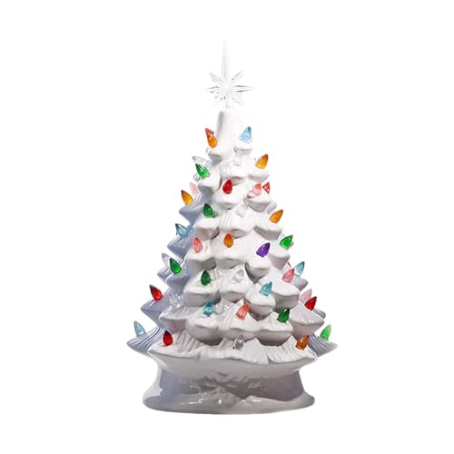 Ceramic Christmas Tree Lamp Creative Light Up Decorations for Home Kitchen Office (White)