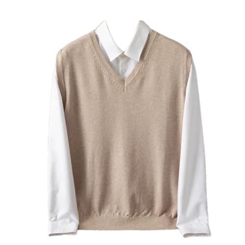 Men's Cashmere Knitted Sleeveless Sweater Vest V-Neck Solid Color Pullover Bottom Fall Winter Tops(Khaki,Large)