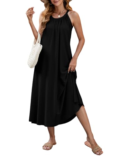 HAPYWER Maxi Sommerkleid Lässig Damen Strandkleid Lang mit Taschen Bikini Cover Up Kleid luftig Urlaub Strandponcho (Sch...