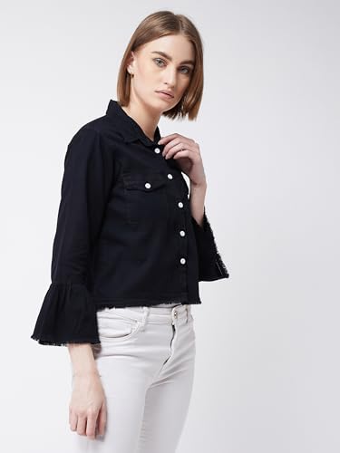 Image of Miss Chase Women's Polo Neck Full Sleeves Patch Pocket Denim Overcoat Knee-Length Jacket