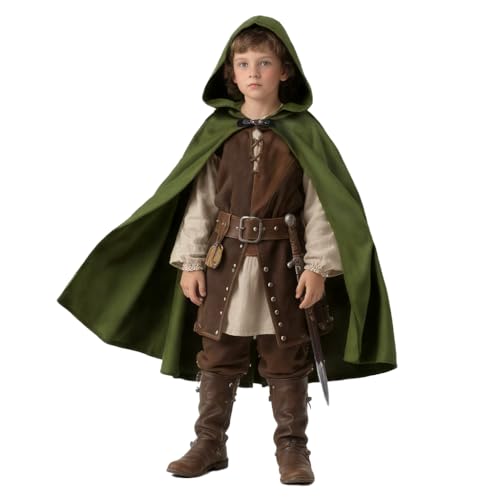 VZQI Kids Medieval Cape with Hood Costume Green Large