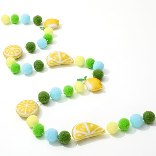Image of JarThenaAMCS Summer Felt Banner 3D Yellow Green Blue Lemon Pom Ball Garland No DIY Required Bunting for Party Supplies Hanging Decoration