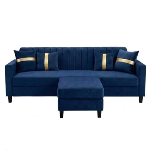 Image of CASASTYLE Korion 4 Seater L Shape Sofa Set with Movable Ottoman | Flexible Left or Right Layout | Cozy Velvet Fabric | Soft Touch Seating | Modern Designer Sofa for Living Room (Dark Blue)